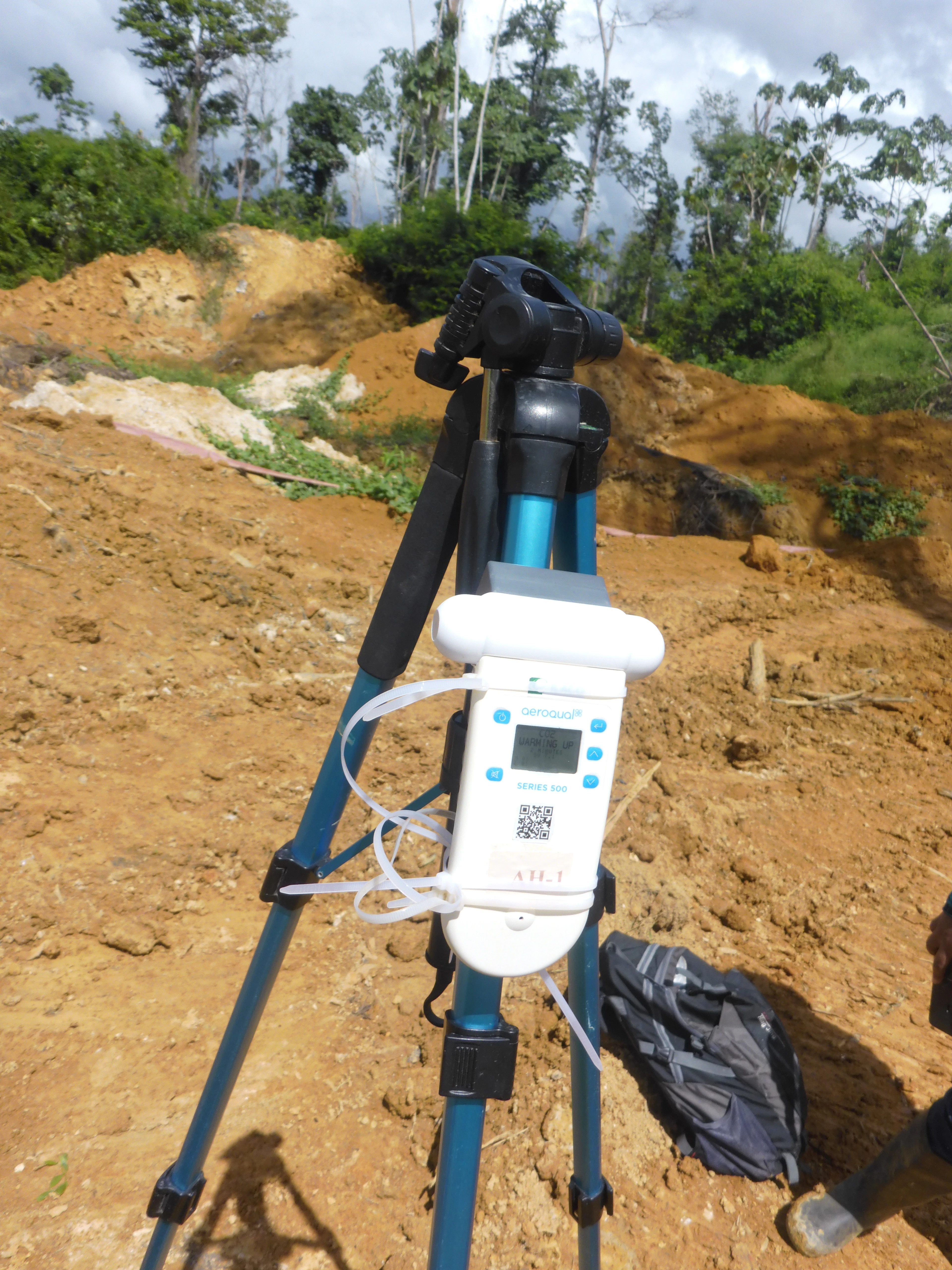 The Aeroqual Series 500 with a carbon dioxide (CO₂) sensor head at a gold mining processing plant for spot measurement. CO₂ concentrations were measured for approximately 10 minutes at several locations.