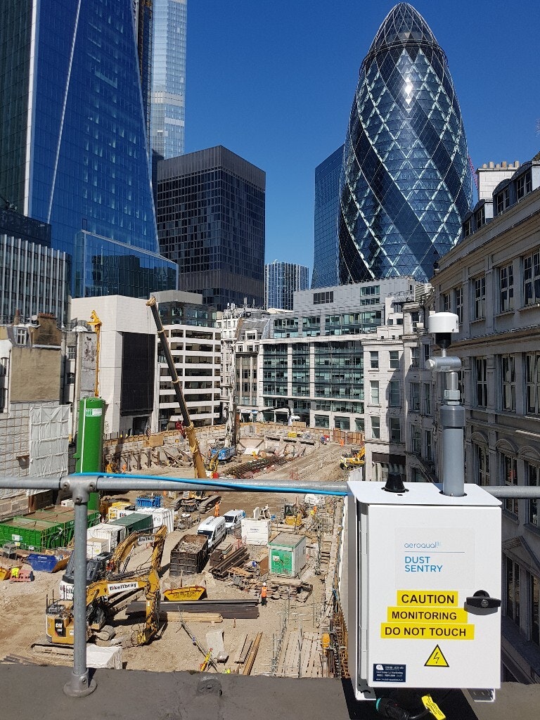Construction and consultancy giant, Mace, use 13 Aeroqual Dust Sentry monitors, Sonitus noise and AVA vibration sensors connected remotely to a Cloud-based ecosystem at the 'Gotham City' site, 40 Leadenhall Street, City of London. Photo Campbell Associates