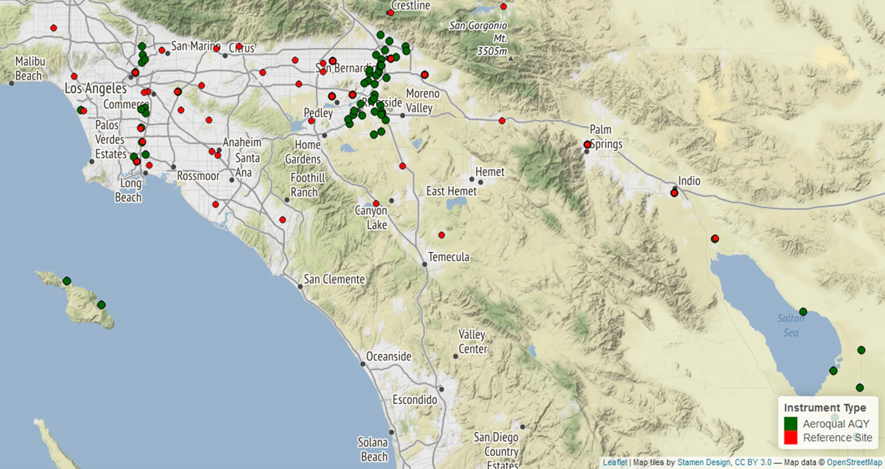 Red dots = Reference Station, Green Dots = Aeroqual AQY