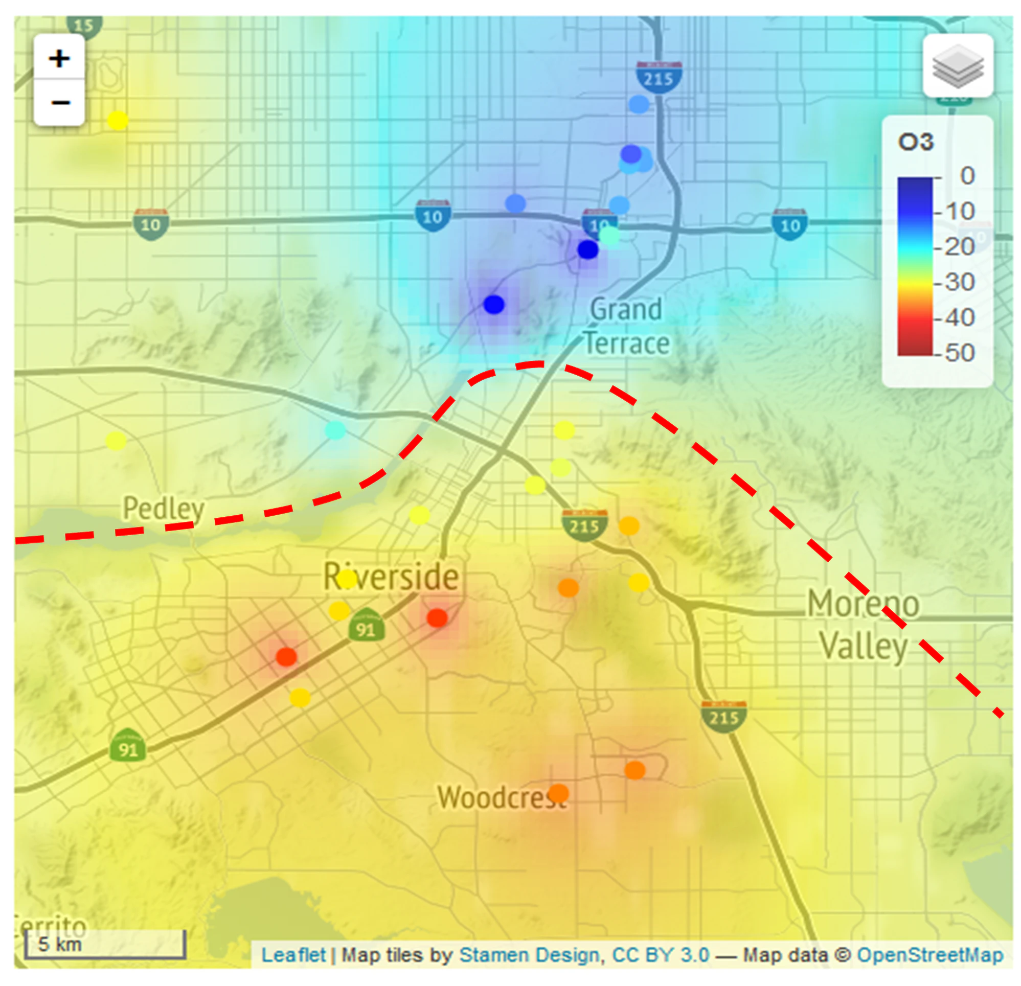 Ozone concentration changes along the geographic features indicated by the red line